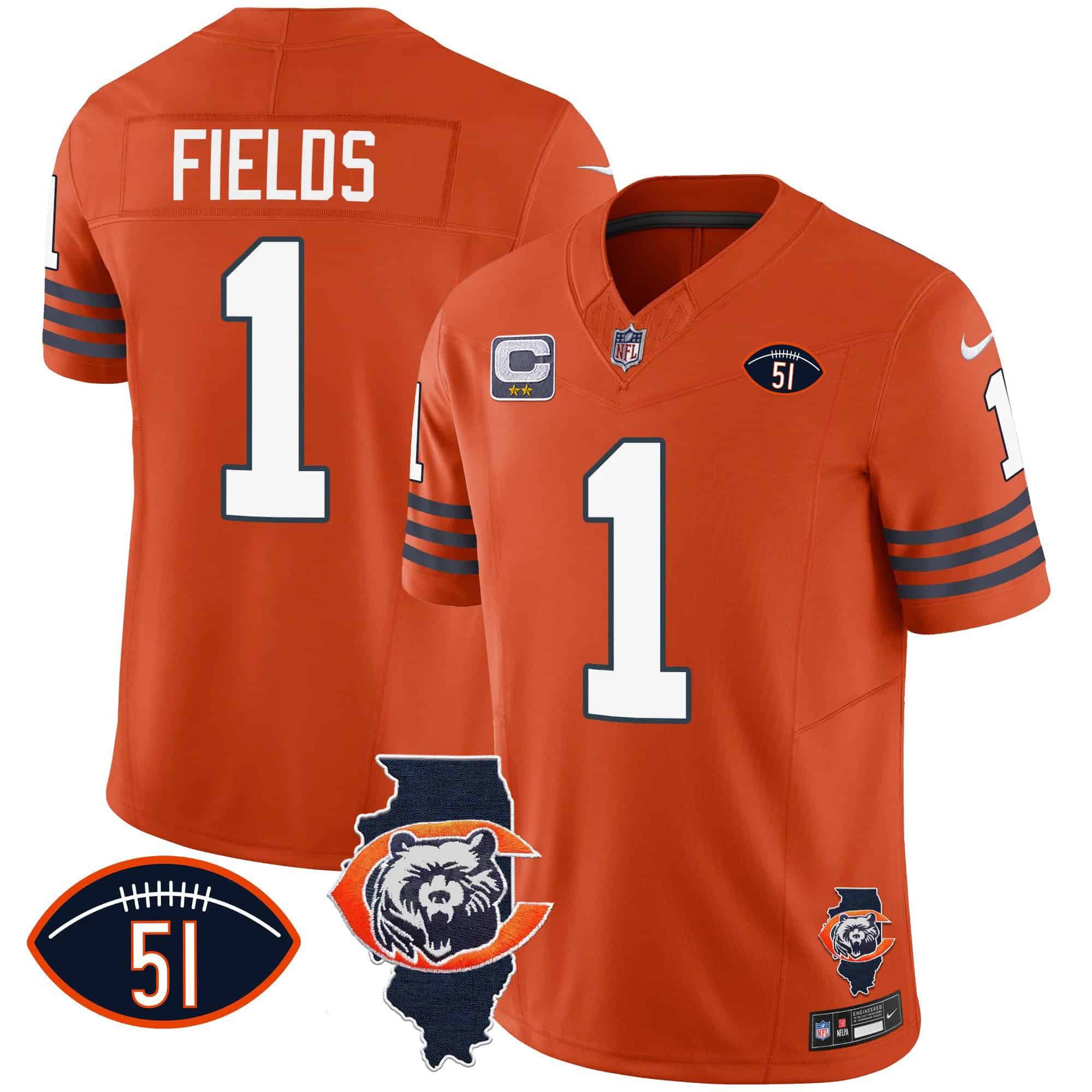Men Chicago Bears 1 Fields Orange 2024 Nike Throwback Illinois Patch Vapor NFL Jersey